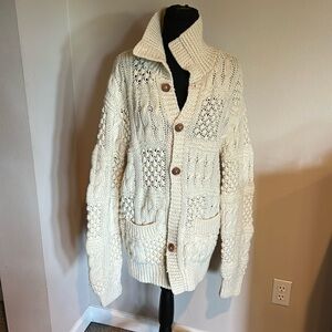 Vtg Sears cream long cardigan button up knitted fisherman sweater sz 40